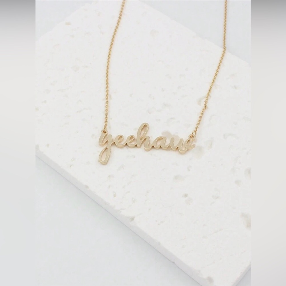 Gold tone yeehaw cursive scripture country western cowgirl rodeo necklace - Picture 5 of 11